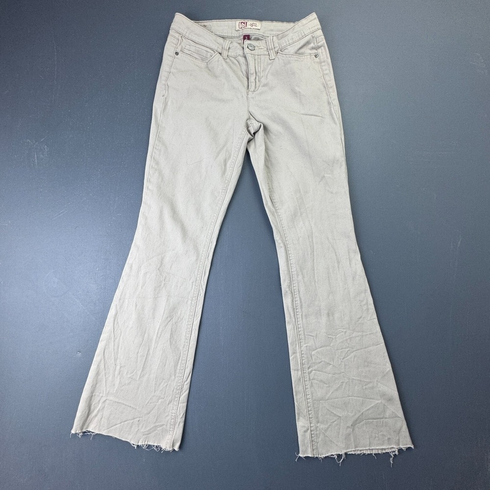 LEI Sophia Women's Juniors 3 Beige Hipster Flare Jeans Mid Rise Frayed Hem Y2K